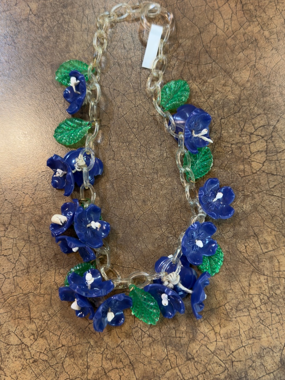 Blue Floral Statement Necklace with Green Leaves - Unbranded